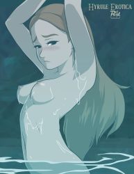 Rule 34 | 1girl, aqua background, arched back, armpits, arms up, artist name, blonde hair, blush, breasts, caustics, closed mouth, dark, deviantart username, dripping, embarrassed, english text, eyelashes, from side, green eyes, highres, long hair, looking at viewer, nintendo, nipples, nose blush, nude, parted bangs, princess, princess zelda, r3dfive, raised eyebrows, shadow, small breasts, solo, standing, the legend of zelda, the legend of zelda: breath of the wild, upper body, wading, water, water drop, wet