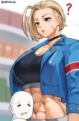 Rule 34 | 1boy, 1girl, ?, abs, absurdres, alternate breast size, blonde hair, blue eyes, breasts, cammy white, choker, cleavage, cromwellb, highres, jacket, large breasts, muscular, muscular female, open clothes, open jacket, street fighter, street fighter 6, tank top