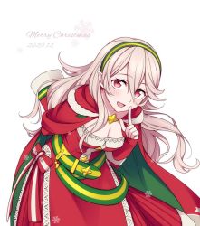 Rule 34 | 1girl, 2020, blonde hair, blush, breasts, cape, christmas, corrin (female) (fire emblem), corrin (fire emblem), fire emblem, fire emblem fates, fire emblem if, gloves, grey hair, hair between eyes, hair ornament, hairband, hiyori (rindou66), long hair, looking at viewer, nintendo, open mouth, pointy ears, red eyes, santa costume, simple background, slit pupils, smile, solo