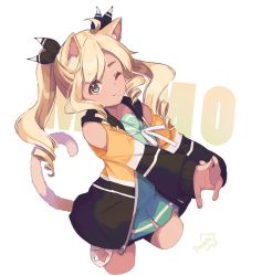 Rule 34 | 1girl, ahoge, animal ears, blonde hair, cat ears, cat tail, cropped legs, dark-skinned female, dark skin, dress, green dress, green eyes, highres, jacket, one eye closed, open clothes, open jacket, original, peachy michi, shorts, simple background, solo, stretching, tail, twintails