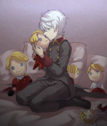 Rule 34 | 10s, 1boy, absurdres, aldnoah.zero, bed, button eyes, buttons, character doll, cruhteo, grey hair, highres, kneeling, male focus, military, military uniform, pillow, slaine troyard, solo, stitches, toyo (s9654431), uniform