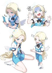 Rule 34 | !?, 1girl, @ @, absurdres, apron, blonde hair, blue apron, blue archive, blue eyes, blush, bow, bowtie, closed mouth, flying sweatdrops, forehead, full body, halo, hands up, highres, holding, holding phone, id card, long hair, looking at phone, looking at viewer, mini wings, multiple views, open mouth, own hands together, phone, scrunchie, shirt, shoes, short sleeves, simple background, sitting, socks, sora (blue archive), standing, sweatdrop, tamago (eva1314056), two side up, wariza, white background, white footwear, white shirt, white socks, white wings, wings, wrist scrunchie