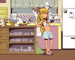 Rule 34 | 1girl, alternate costume, banana, belly, blonde hair, bow, boxers, child, contemporary, closed eyes, female focus, food, fruit, hair bow, horns, ibuki suika, kitchen, male underwear, milk, navel, oni, onikobe rin, refrigerator, shorts, slippers, smile, solo, topless, touhou, towel, towel around neck, underwear