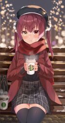 Rule 34 | absurdres, coffee, coffee cup, cup, disposable cup, haru yu, hat, heterochromia, highres, hololive, houshou marine, red eyes, red hair, scarf, sitting, thighhighs, twintails, virtual youtuber, winter uniform, yellow eyes