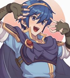 Rule 34 | 1boy, armor, blue eyes, blue hair, blue shirt, breastplate, cape, circlet, claw pose, commentary request, fingerless gloves, fire emblem, gloves, highres, looking at viewer, male focus, marth (fire emblem), nintendo, nyo02921978, open mouth, pauldrons, shirt, shoulder armor, upper body