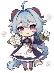 Rule 34 | 1girl, ahoge, apron, bell, blue hair, braid, commentary request, flower, full body, ganyu (genshin impact), genshin impact, hair between eyes, highres, holding, holding flower, horns, ichiyume ichiyu, long sleeves, looking at viewer, maid, maid apron, neck bell, pantyhose, purple eyes, simple background, solo, twin braids, white background