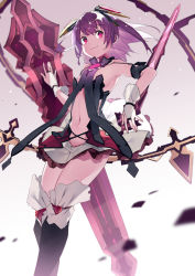Rule 34 | 1girl, boots, breasts, floating sword, floating weapon, gloves, gradient background, hand on sword, kai-ri-sei million arthur, knee boots, looking to the side, midriff, million arthur (series), pharsalia, purple hair, red eyes, short hair, small breasts, smile, sword, usalxlusa