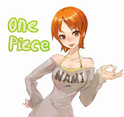 Rule 34 | 1girl, bare shoulders, brown eyes, character name, copyright name, hand on own hip, looking at viewer, maeda risou, nami (one piece), one piece, orange hair, short hair, sketch, solo, tongue, tongue out, white background