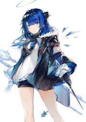 Rule 34 | 1girl, absurdres, arknights, asymmetrical gloves, black gloves, black jacket, black shorts, blue eyes, blue hair, c (2330509), closed mouth, commentary, demon horns, demon tail, detached wings, feet out of frame, gloves, halo, highres, holding, holding wand, horns, jacket, long hair, long sleeves, looking at viewer, mismatched gloves, mostima (arknights), open clothes, open jacket, shirt, short shorts, shorts, simple background, smile, solo, staff, standing, tail, thighs, wand, white background, white gloves, white shirt, wings