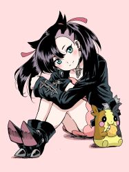 Rule 34 | 1girl, aqua eyes, asymmetrical bangs, black choker, black footwear, black hair, black jacket, boots, choker, closed mouth, commentary request, creatures (company), dress, eating, emapippi, food, full body, game freak, gen 8 pokemon, highres, holding, holding food, jacket, looking at viewer, marnie (pokemon), morpeko, morpeko (full), nintendo, open clothes, open jacket, pink background, pink dress, pokemon, pokemon (creature), pokemon swsh, simple background, sitting, sleeves past wrists, smile
