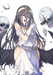 Rule 34 | 1girl, albedo (overlord), bare shoulders, black hair, black wings, demon girl, elbow gloves, gloves, highres, hip vent, horns, long hair, looking at viewer, low wings, md5 mismatch, open mouth, overlord (maruyama), own hands clasped, own hands together, resolution mismatch, simple background, skull, solo, source smaller, wings, yellow eyes, zzzzxxx2010nian