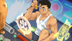 Rule 34 | 1boy, bara, battery, biceps, black hair, building, bulge, gyee, hou (gyee), laboratory, male focus, male underwear, muscular, muscular male, nipples, official art, pectoral cleavage, pectorals, pillow, red eyes, repairing, screen, screen light, short hair, sideburns, sidepec, sitting, solo, sweat, sweatdrop, tank top, thick arms, thick eyebrows, underwear