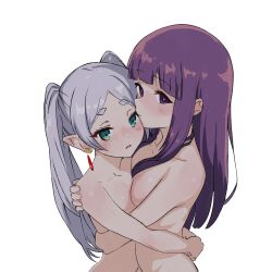 Rule 34 | 2girls, blush, breasts, bright pupils, commentary request, completely nude, drop earrings, earrings, fern (sousou no frieren), frieren, green eyes, grey hair, highres, hug, jewelry, long hair, looking at viewer, medium breasts, multiple girls, nude, open mouth, parted bangs, pointy ears, purple eyes, purple hair, purple pupils, sidelocks, simple background, small breasts, sousou no frieren, straight hair, twintails, user ncgd8832, white background, yuri