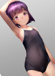 Rule 34 | 1girl, arm up, armpits, bare arms, blunt bangs, child, competition school swimsuit, covered navel, flat chest, highres, looking at viewer, one-piece swimsuit, original, parted lips, ribs, sasayuki, school swimsuit, short hair, simple background, solo, swimsuit, taut clothes, taut swimsuit, tight clothes