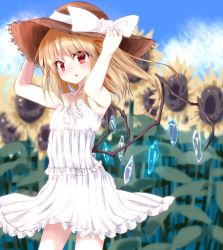 Rule 34 | 1girl, alternate costume, bare arms, blonde hair, bow, cowboy shot, day, dress, flandre scarlet, flower, hat, hat bow, long hair, looking at viewer, misoshiru (meridianchild312), outdoors, red eyes, solo, standing, summer, sundress, sunflower, touhou, white bow, white dress, wings