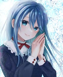 Rule 34 | 1girl, blue eyes, blue hair, frilled shirt collar, frills, highres, long hair, long sleeves, looking at viewer, neck ribbon, original, own hands together, ribbon, smile, solo, suzuko (suzukosz)