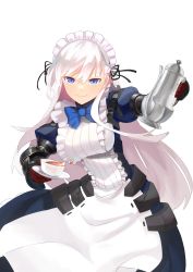 Rule 34 | 1girl, absurdres, aoiro (t aoiro123), apron, azur lane, belfast (azur lane), belfast (serene steel) (azur lane), black ribbon, blue bow, blue bowtie, blue dress, blue eyes, bow, bowtie, closed mouth, cup, dress, gauntlets, gloves, hair between eyes, highres, long hair, looking at viewer, maid, maid apron, maid headdress, puffy sleeves, red gloves, ribbon, smile, solo, tea, teacup, teapot, very long hair, white apron, white background, white hair