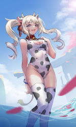Rule 34 | 1girl, :d, absurdres, animal ears, animal print, baiiya, barbara (genshin impact), bare arms, bare shoulders, bell, blonde hair, blue eyes, blue sky, bracelet, breasts, cleavage, cleavage cutout, clothing cutout, collar, covered navel, cow ears, cow girl, cow horns, cow print, cow tail, day, feet out of frame, genshin impact, groin, hair ribbon, hand on own chest, highres, horns, jewelry, kemonomimi mode, leotard, long hair, looking at viewer, medium breasts, neck bell, open mouth, outdoors, parted bangs, petals, print leotard, print thighhighs, red ribbon, ribbon, sky, smile, solo, tail, thighhighs, twintails, wading, water, white leotard
