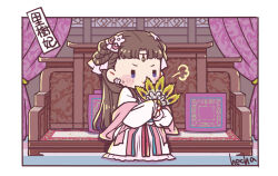 Rule 34 | 1girl, :t, artist name, blue eyes, blush stickers, brown hair, chibi, chinese clothes, circlet, closed mouth, couch, curtains, cushion, earrings, feather fan, flower, flower earrings, hair flower, hair ornament, hair rings, half updo, hand fan, hanfu, hecha, holding, holding fan, indoors, jewelry, kusuriya no hitorigoto, lishu (kusuriya no hitorigoto), long hair, long sleeves, looking ahead, pout, puff of air, robe, shawl, sitting, solo, very long hair, white robe