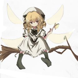 Rule 34 | 1girl, blonde hair, branch, bug, butterfly, drill hair, eastern and little nature deity, fairy, female focus, hat, in tree, bug, luna child, miyashu, nature, sitting, sitting in tree, sketch, solo, touhou, tree, white background, wings