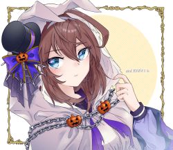 Rule 34 | 1girl, ahoge, animal ears, black hat, blue eyes, bow, brown hair, chain, closed mouth, commentary request, diagonal stripes, fake animal ears, hair between eyes, hand up, hat, highres, hood, hood up, horse ears, jack-o&#039;-lantern, long sleeves, looking at viewer, mihono bourbon (ghosty and the magic of halloween) (umamusume), mihono bourbon (umamusume), mini hat, mini top hat, purple bow, purple shirt, ryusei (ryusei b), shirt, solo, striped, striped background, tilted headwear, top hat, twitter username, umamusume, upper body