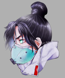 Rule 34 | 1girl, animification, apex legends, aqua eyes, black hair, from side, glowing, glowing eyes, grey background, grey jacket, hair behind ear, head only, highres, jacket, looking ahead, mask, meteolance, mouth mask, profile, quarantine 722 wraith, solo, v-shaped eyebrows, wraith (cat busters)