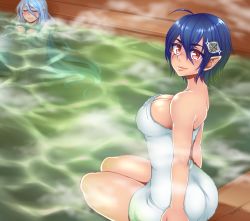 Rule 34 | 2girls, ahoge, ass, azura (fire emblem), bare shoulders, blue hair, blush, breasts, cleavage, closed eyes, corrin (female) (fire emblem), corrin (fire emblem), dojipan, fire emblem, fire emblem fates, hair ornament, large breasts, long hair, looking at viewer, looking back, multiple girls, naked towel, nintendo, nude, onsen, partially submerged, pointy ears, red eyes, short hair, sitting, smile, steam, towel, water