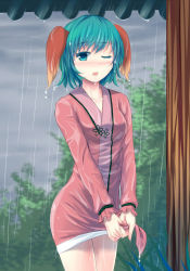 Rule 34 | 1girl, animal ears, bad id, bad pixiv id, blush, cloud, cloudy sky, collarbone, colored eyelashes, dress, dripping, green eyes, green hair, kasodani kyouko, long sleeves, looking at viewer, one eye closed, open mouth, pink skirt, rain, short hair, skirt, sky, solo, touhou, wet, wet clothes, wet dress, wet hair, wringing clothes, yonaga (masa07240)