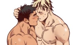 Rule 34 | 2boys, abs, aikawa (dorohedoro), bara, black hair, blonde hair, blush, close-up, completely nude, couple, cropped, dark skin, dark-skinned male, dorohedoro, eye contact, facial mark, implied sex, looking at another, male focus, multiple boys, muscular, nipples, nude, pectorals, risu (dorohedoro), short hair, sideburns, steel peach, upper body, yaoi