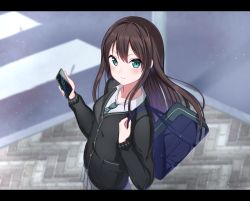 Rule 34 | 1girl, bag, black cardigan, blush, brown hair, cardigan, cellphone, floating hair, from above, green eyes, green necktie, grey skirt, holding, holding bag, holding phone, idolmaster, idolmaster cinderella girls, letterboxed, light particles, long hair, long sleeves, looking at viewer, miniskirt, necktie, outdoors, phone, pleated skirt, school bag, school uniform, shibuya rin, skirt, smartphone, solo, standing, striped necktie, striped neckwear, sutoroa, very long hair