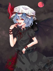 Rule 34 | 1girl, alternate color, bad id, bad pixiv id, bat wings, black theme, blood, fangs, female focus, flower, frea, full moon, grey background, hat, hat ribbon, light purple hair, moon, outdoors, plant, red eyes, red moon, remilia scarlet, ribbon, rose, short sleeves, sky, solo, standing, touhou, vampire, wings