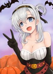 Rule 34 | black gloves, breasts, elbow gloves, fangs, gloves, grey eyes, hair ornament, halloween, halloween costume, highres, kantai collection, large breasts, medium hair, mmt uf, open mouth, pumpkin, shirt, skull hair ornament, solo, strapless, strapless shirt, suzutsuki (kancolle), v, white hair