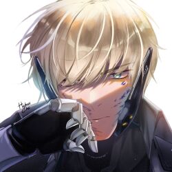 Rule 34 | 1boy, blonde hair, blood, blood on face, blue blood, blue eyes, hydraix choi, image sample, lee: hyperreal (punishing: gray raven), lee (punishing: gray raven), looking at viewer, mechanical arms, pixiv sample, punishing: gray raven, robotic hands, solo, solo focus, white background