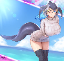 Rule 34 | 1girl, anchor hair ornament, arm under breasts, black-framed eyewear, black footwear, blowhole, blue eyes, blue hair, blue whale (kemono friends), boots, breasts, cetacean tail, dorsal fin, dress, fins, fish tail, glasses, grey sweater, hair ornament, highres, huge breasts, japari symbol, kemono friends, kemono friends 3, looking at viewer, multicolored hair, ocean, one eye closed, ribbed dress, ribbed sweater, semi-rimless eyewear, short dress, solo, sweater, sweater dress, tail, takebi, thigh boots, turtleneck, two-tone hair