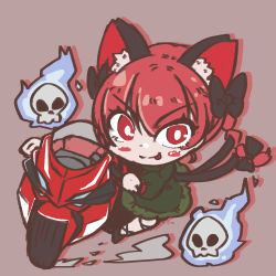 Rule 34 | 1girl, animal ear fluff, animal ears, black bow, blush, bow, braid, cat ears, cat tail, dnk, dress, dust, extra ears, flaming skull, floating skull, focused, ghost, green dress, hitodama, kaenbyou rin, motor vehicle, motorcycle, multiple tails, pink background, red background, red eyes, red hair, riding, shadow, skull, solo, tail, tongue, tongue out, touhou, twin braids, two tails, vehicle focus