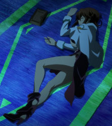 Rule 34 | 10s, angela cornwell, ankle boots, book, boots, breasts, brown hair, closed eyes, floor, from side, glasses, high heel boots, high heels, highres, large breasts, screencap, seikoku no dragonar, unconscious