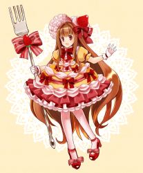 Rule 34 | 1girl, :d, bad id, bad pixiv id, blush, bow, brown hair, cake, food, food-themed clothes, food-themed hair ornament, food-themed ornament, fork, frills, fruit, full body, gloves, hair bow, hair ornament, highres, long hair, looking at viewer, open mouth, original, pantyhose, personification, petticoat, pink bow, pocketland, red eyes, red footwear, shoes, smile, solo, standing, strawberry, strawberry hair ornament, strawberry shortcake, striped, striped bow, tooda riko, very long hair, white gloves, white pantyhose, yellow background
