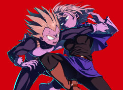 Rule 34 | 1boy, 1girl, android 18, anger vein, battle, belt, blonde hair, blue eyes, blue skirt, boots, dragon ball, dragonball z, gloves, highres, jacket, long sleeves, open mouth, pain, pantyhose, red background, saiyan armor, shumai (sm318), simple background, skirt, spiked hair, super saiyan, super saiyan 1, upskirt, vegeta
