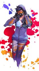 Rule 34 | 1girl, alternate hair color, black gloves, black hair, blue hoodie, blue jacket, brown eyes, chest harness, collarbone, covered mouth, cowboy shot, gas mask, gloves, goggles, graffiti tracer, gun, handgun, hands up, harness, highres, hood, hood up, hooded jacket, hoodie, jacket, looking at viewer, mask, multicolored clothes, multicolored legwear, neosnim, official alternate costume, overwatch, overwatch 1, pistol, purple hair, short hair, solo, spiked hair, standing, swept bangs, tracer (overwatch), vambraces, weapon, zipper