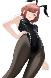 Rule 34 | 1girl, :o, absurdres, animal ears, black leotard, black pantyhose, brown hair, groin, hand on own hip, highres, higuchi madoka, idolmaster, idolmaster shiny colors, latex, leotard, looking at viewer, pantyhose, playboy bunny, rabbit ears, red eyes, riogu7t, simple background, solo, white background