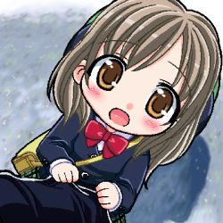 Rule 34 | 00s, 1girl, :d, :o, aishiteruze baby, bag, black jacket, blazer, blush, bow, bowtie, brown eyes, brown hair, buttons, chibi, child, clothes tug, collared shirt, dutch angle, female focus, from above, green skirt, hair ornament, jacket, long sleeves, looking at viewer, looking up, lowres, oekaki, open mouth, orange eyes, over shoulder, plaid, red bow, red bowtie, sakashita yuzuyu, satchel, shirt, skirt, smile, solo focus, st parasu, white shirt