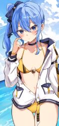 Rule 34 | 1girl, bikini, bikini under clothes, blue eyes, blue hair, blush, bow, breasts, choker, cloud, collarbone, commentary, earrings, hair between eyes, hair bow, hair ornament, highres, hololive, hoshimachi suisei, hoshimachi suisei (school uniform), jacket, jewelry, long hair, looking at viewer, ocean, orobou, outdoors, side ponytail, sky, small breasts, solo, stud earrings, sweat, swimsuit, thigh gap, thighs, virtual youtuber