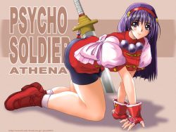 Rule 34 | 1girl, all fours, asamiya athena, bike shorts, blush, character name, fingerless gloves, gloves, hairband, ishihara souka, long hair, psycho soldier, purple eyes, purple hair, red hairband, smile, snk, socks, solo, sword, the king of fighters, the king of fighters &#039;98, wallpaper, weapon