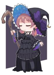 Rule 34 | 1girl, alternate costume, black dress, black pantyhose, bow, brown hair, chibi, closed eyes, commentary, cross, cross earrings, detached sleeves, dress, earrings, frilled sleeves, frills, full body, hat, hat bow, holding, holding staff, jewelry, long hair, long sleeves, low twintails, madwhippedcream, multicolored hair, murosaki miyo, onii-chan wa oshimai!, outline, pantyhose, purple bow, red hair, simple background, solo, staff, twintails, two-tone hair, wavy mouth, white outline, wide sleeves, witch hat