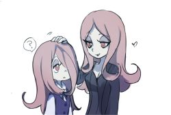 Rule 34 | 10s, 2girls, ?, artist request, hair over one eye, hand on head, height difference, little witch academia, long hair, luna nova school uniform, miss manbavaran, mother and daughter, multiple girls, purple hair, red eyes, school uniform, sucy manbavaran, trigger (company)