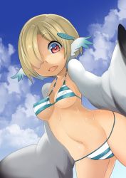 Rule 34 | 1girl, bikini, blonde hair, breasts, day, feathered wings, female focus, fish hair ornament, hair ornament, hair over one eye, harpy, highres, medium breasts, monster girl, navel, nipples, open mouth, original, outdoors, red eyes, ruu bot, short hair, solo, swimsuit, wet, wings