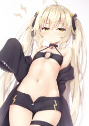 Rule 34 | ahoge, arm up, bikini, bikini top only, black coat, black shorts, blonde hair, breasts, brown eyes, choker, coat, gluteal fold, highres, long hair, navel, off shoulder, open clothes, open coat, original, ribbon, short shorts, shorts, sleeves past wrists, small breasts, swimsuit, thigh gap, thigh strap, thighs, tomifumi, twintails, unzipped, very long hair