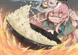 Rule 34 | 1girl, commentary, cooking, eseneko, fire, fire, food, fried rice, frying pan, hata no kokoro, highres, ladle, long hair, mask, pink eyes, pink hair, shrimp, solo, sweat, touhou