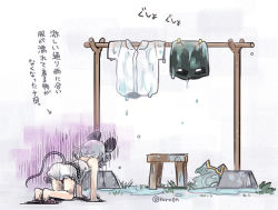 Rule 34 | 1girl, all fours, animal ears, biyon, black skirt, bloomers, camisole, clothesline, commentary request, dripping, gloom (expression), grey hair, mouse ears, mouse tail, nazrin, outdoors, shirt, unworn shirt, short hair, skirt, unworn skirt, solo, tail, touhou, translation request, twitter username, underwear, wet, wet clothes, white shirt
