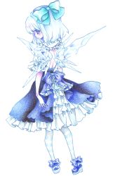 Rule 34 | 1girl, adapted costume, backless dress, backless outfit, cirno, dress, female focus, frills, from behind, gathers, hair ribbon, lolita fashion, miri, miri (tobira no mukou), pantyhose, ribbon, solo, striped clothes, striped pantyhose, touhou, wings